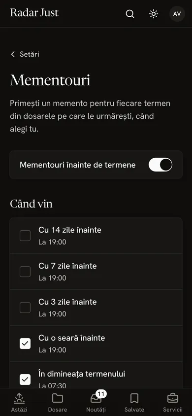Ecranul Mementouri: comutatorul pentru mementouri înainte de termene și cele cinci momente, cu o seară înainte la 19:00 și în dimineața termenului la 07:30 bifate.
