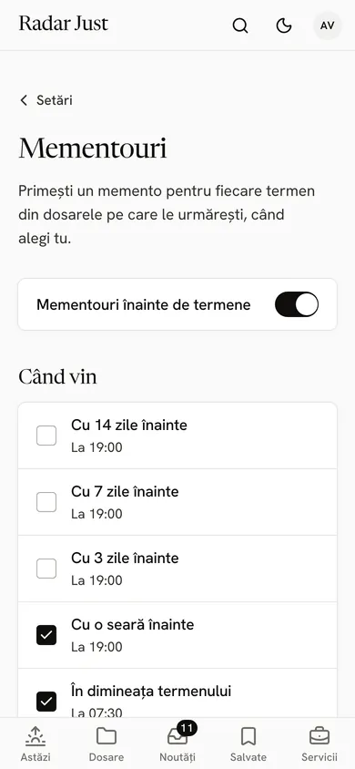 Ecranul Mementouri: comutatorul pentru mementouri înainte de termene și cele cinci momente, cu o seară înainte la 19:00 și în dimineața termenului la 07:30 bifate.