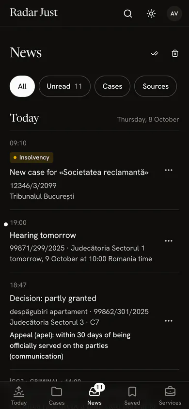 On a phone, the News screen: a new insolvency case for a name followed, a hearing tomorrow and a decision partly granted, each with its case and court.