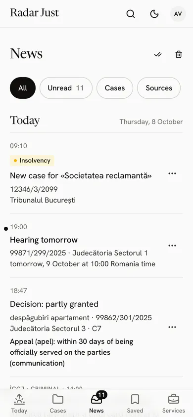 On a phone, the News screen: a new insolvency case for a name followed, a hearing tomorrow and a decision partly granted, each with its case and court.