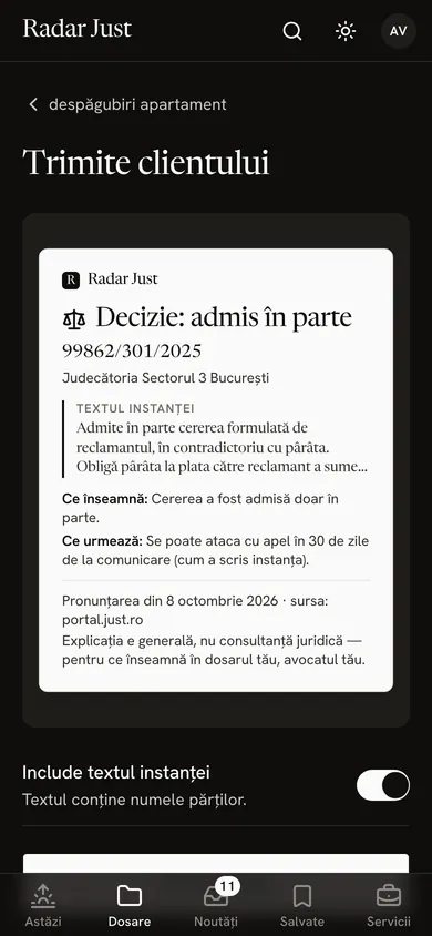 Cardul pentru client, cu hotărârea explicată și nota că explicația e generală.
