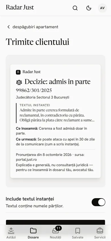 Cardul pentru client, cu hotărârea explicată și nota că explicația e generală.