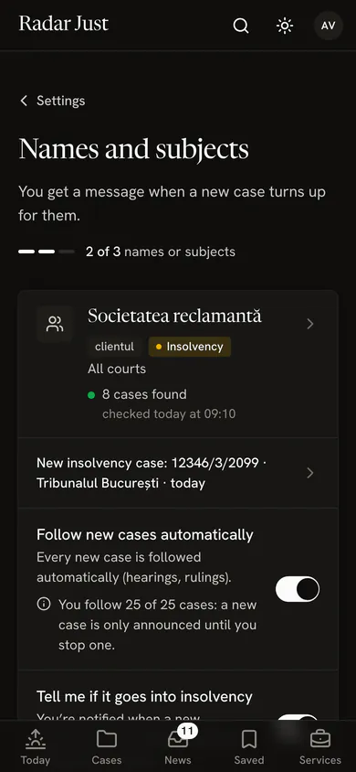 The Parties and subjects screen: a name followed, with how many cases it found, a new insolvency case and the automatic follow switches.