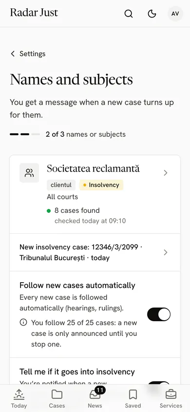 The Parties and subjects screen: a name followed, with how many cases it found, a new insolvency case and the automatic follow switches.