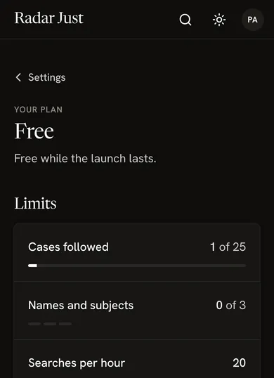 The Plan screen: the Free plan and its limits, with how much of each is used.