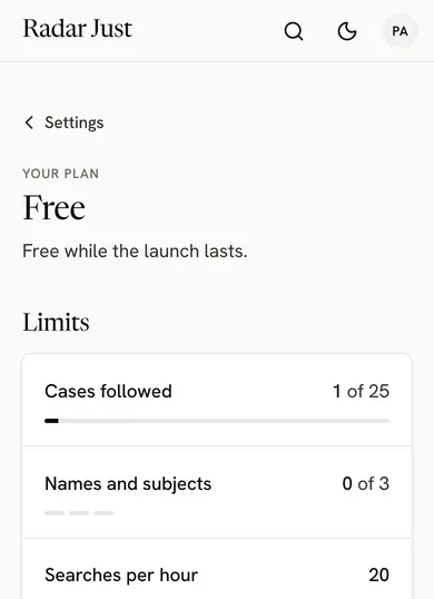 The Plan screen: the Free plan and its limits, with how much of each is used.