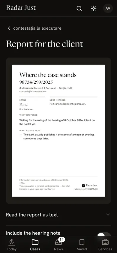 The client report: the page the client receives, with the stage in plain words and the next hearing.