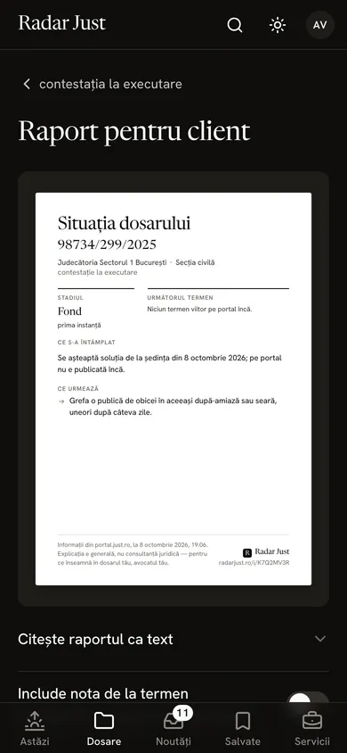 Raportul pentru client: pagina pe care o primește clientul, cu stadiul spus simplu și termenul următor.