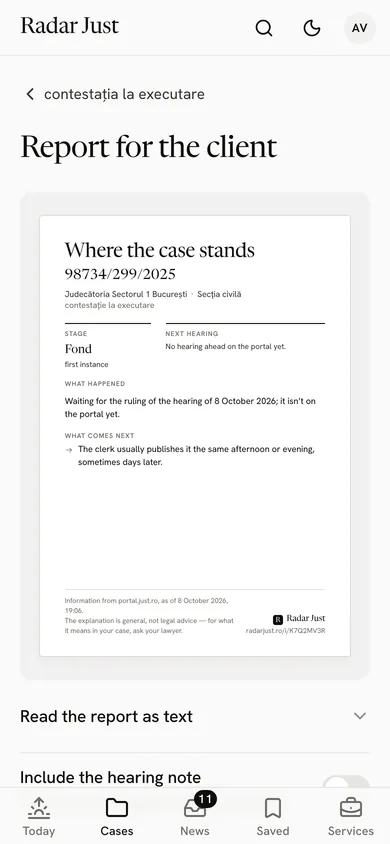 The client report: the page the client receives, with the stage in plain words and the next hearing.
