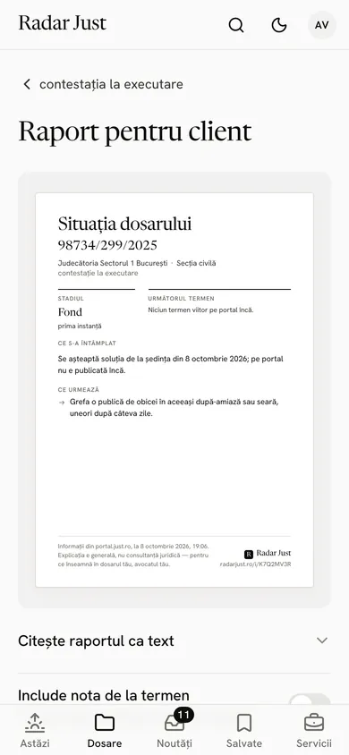 Raportul pentru client: pagina pe care o primește clientul, cu stadiul spus simplu și termenul următor.