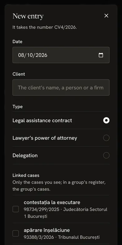 A new entry in the contracts register: it takes number CV4/2026, with the date, the client, the type (legal assistance contract, lawyer’s power of attorney or delegation) and the linked cases.