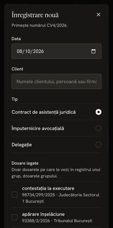 O înregistrare nouă în registrul de contracte: primește numărul CV4/2026, cu data, clientul, tipul (contract de asistență juridică, împuternicire avocațială sau delegație) și dosarele legate.