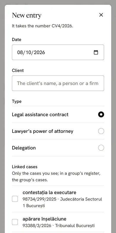 A new entry in the contracts register: it takes number CV4/2026, with the date, the client, the type (legal assistance contract, lawyer’s power of attorney or delegation) and the linked cases.
