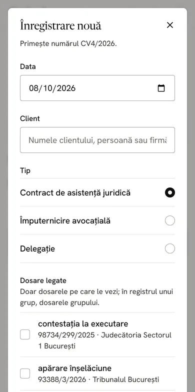O înregistrare nouă în registrul de contracte: primește numărul CV4/2026, cu data, clientul, tipul (contract de asistență juridică, împuternicire avocațială sau delegație) și dosarele legate.