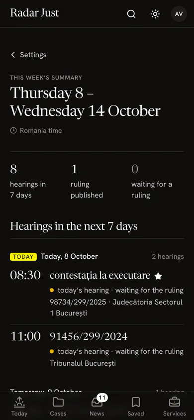 The weekly summary screen: the hearings in the days ahead and the rulings published.