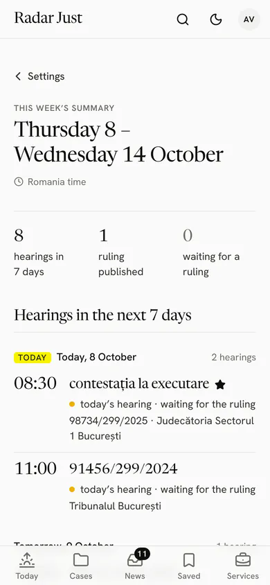 The weekly summary screen: the hearings in the days ahead and the rulings published.