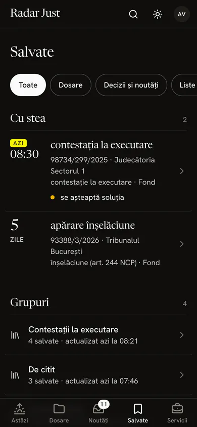 Ecranul Salvate: două dosare cu stea și, la Grupuri, grupurile „Contestații la executare” și „De citit”, fiecare cu câte salvate are.