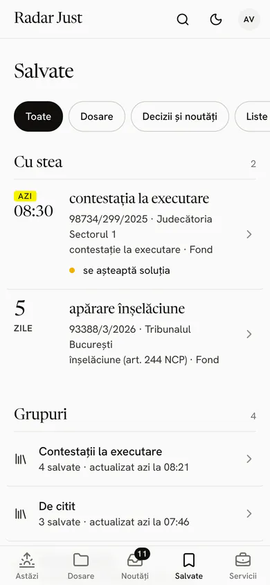 Ecranul Salvate: două dosare cu stea și, la Grupuri, grupurile „Contestații la executare” și „De citit”, fiecare cu câte salvate are.