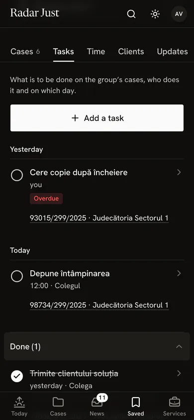 The office group’s Tasks tab: the Add a task button, a task from yesterday marked Overdue, one today at 12:00 for the colleague, each with its case and court, then Done.