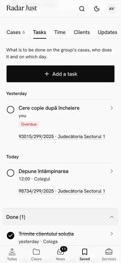 The office group’s Tasks tab: the Add a task button, a task from yesterday marked Overdue, one today at 12:00 for the colleague, each with its case and court, then Done.
