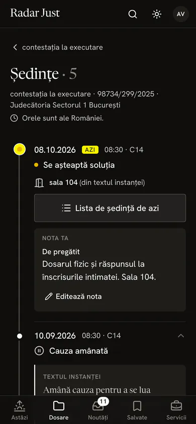 Ședințele unui dosar, de la cea mai nouă, fiecare cu soluția pe scurt.