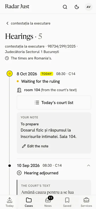 A case's hearings, newest first, each with the ruling in brief.