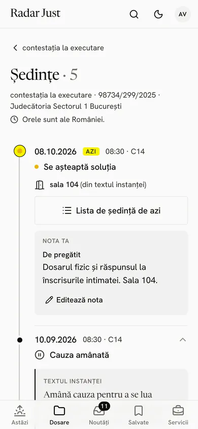 Ședințele unui dosar, de la cea mai nouă, fiecare cu soluția pe scurt.