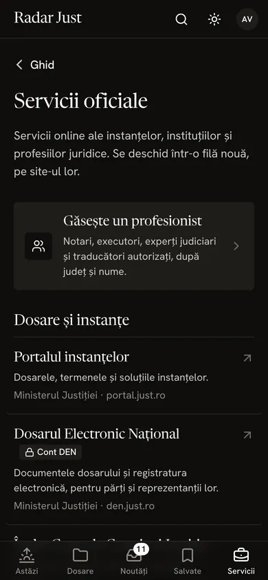 Ecranul Servicii oficiale: Găsește un profesionist (notari, executori, experți judiciari și traducători autorizați), apoi serviciile online ale instanțelor, pe categorii.