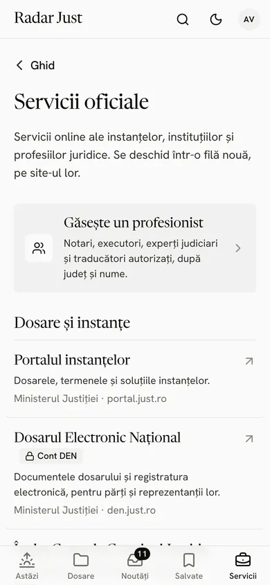 Ecranul Servicii oficiale: Găsește un profesionist (notari, executori, experți judiciari și traducători autorizați), apoi serviciile online ale instanțelor, pe categorii.
