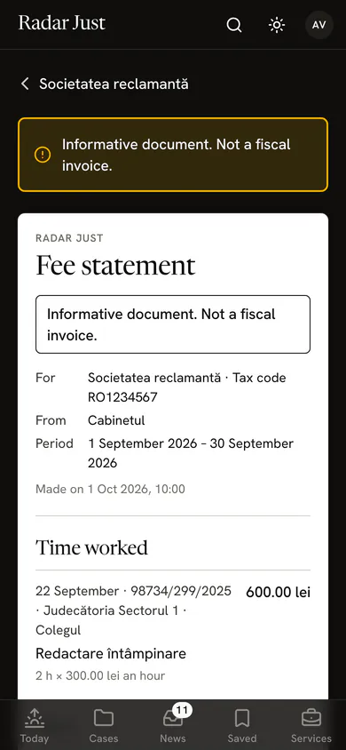A fee statement for September 2026, marked “Informative document. Not a fiscal invoice.”, with the client, the office, the period and the first line of time, with its hours and rate.