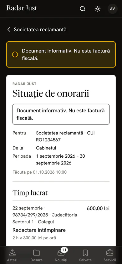 O situație de onorarii pe septembrie 2026, cu mențiunea „Document informativ. Nu este factură fiscală.”, clientul, cabinetul, perioada și primul rând de timp lucrat, cu orele și tariful.