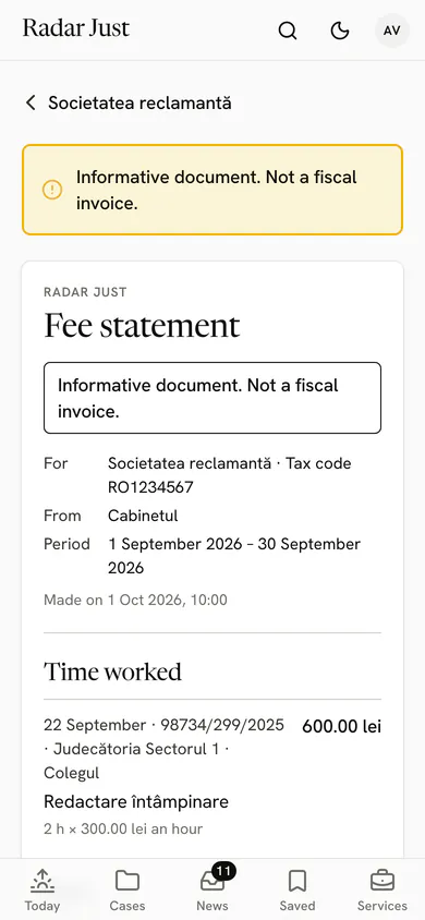 A fee statement for September 2026, marked “Informative document. Not a fiscal invoice.”, with the client, the office, the period and the first line of time, with its hours and rate.