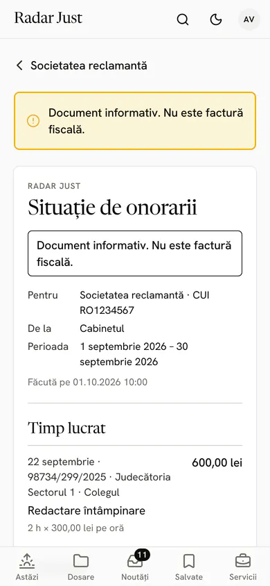 O situație de onorarii pe septembrie 2026, cu mențiunea „Document informativ. Nu este factură fiscală.”, clientul, cabinetul, perioada și primul rând de timp lucrat, cu orele și tariful.