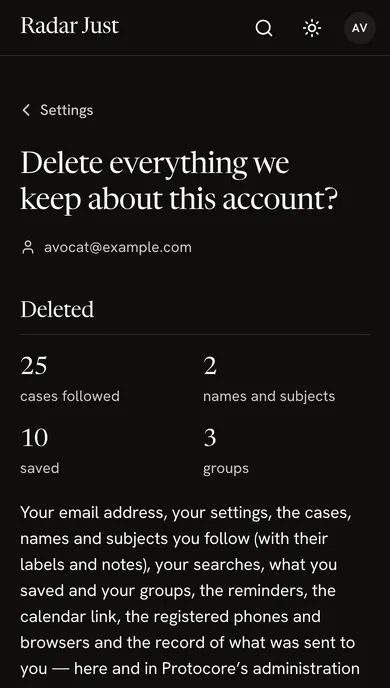The Delete account screen: the account's address, how many cases and saved items it has, and what is deleted.