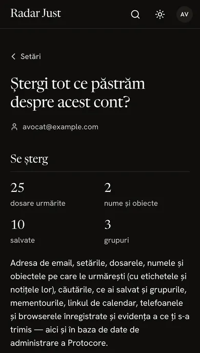 Ecranul Ștergerea contului: adresa contului, câte dosare și salvate are și ce se șterge.