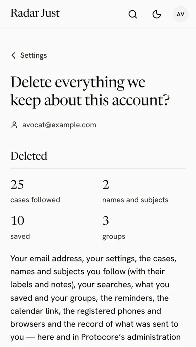 The Delete account screen: the account's address, how many cases and saved items it has, and what is deleted.