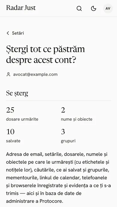 Ecranul Ștergerea contului: adresa contului, câte dosare și salvate are și ce se șterge.