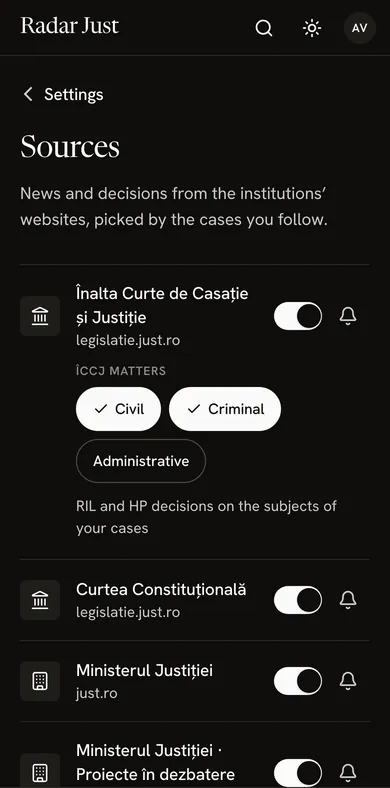 The Sources screen: the High Court with the chosen fields, the Constitutional Court, the Ministry of Justice and its drafts in public debate.