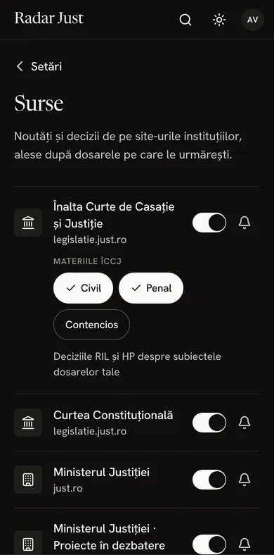 Ecranul Surse: Înalta Curte cu materiile alese, Curtea Constituțională, Ministerul Justiției și proiectele lui în dezbatere.