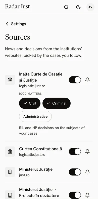 The Sources screen: the High Court with the chosen fields, the Constitutional Court, the Ministry of Justice and its drafts in public debate.