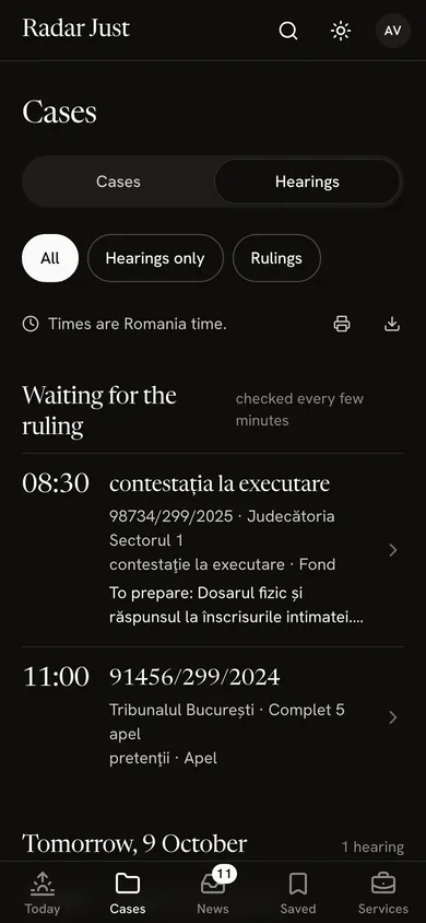 The Hearings screen: the rulings awaited first, then the hearings by day, each with the time, the case and the court.
