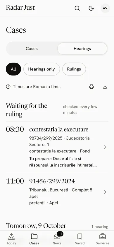 The Hearings screen: the rulings awaited first, then the hearings by day, each with the time, the case and the court.