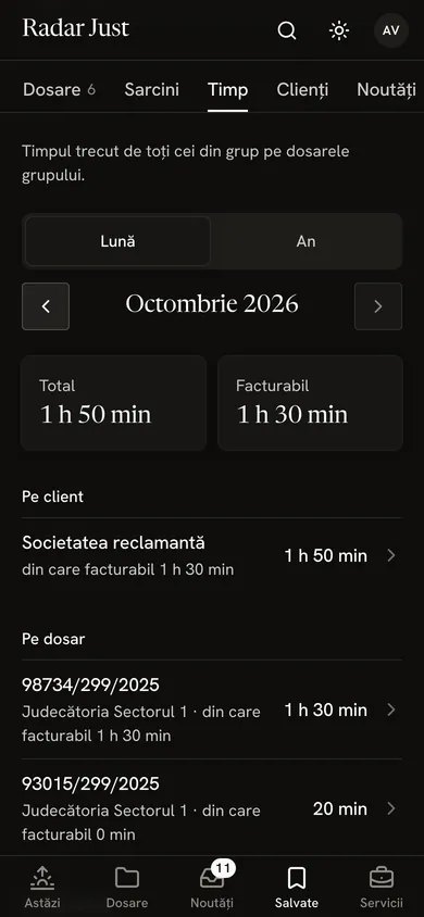 Fila Timp a grupului, pe octombrie 2026: totalul de 1 h 50 min, din care facturabil 1 h 30 min, apoi timpul pe client și pe dosar.