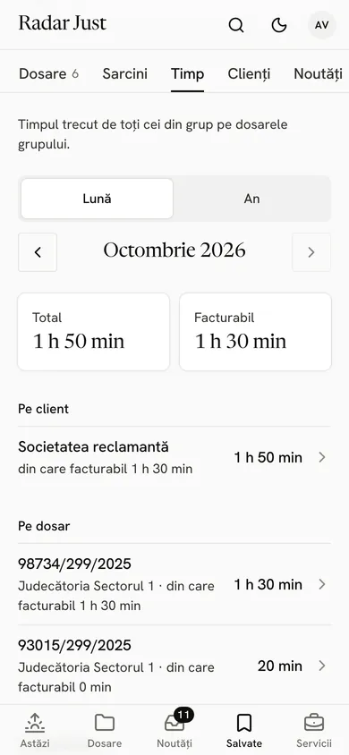 Fila Timp a grupului, pe octombrie 2026: totalul de 1 h 50 min, din care facturabil 1 h 30 min, apoi timpul pe client și pe dosar.