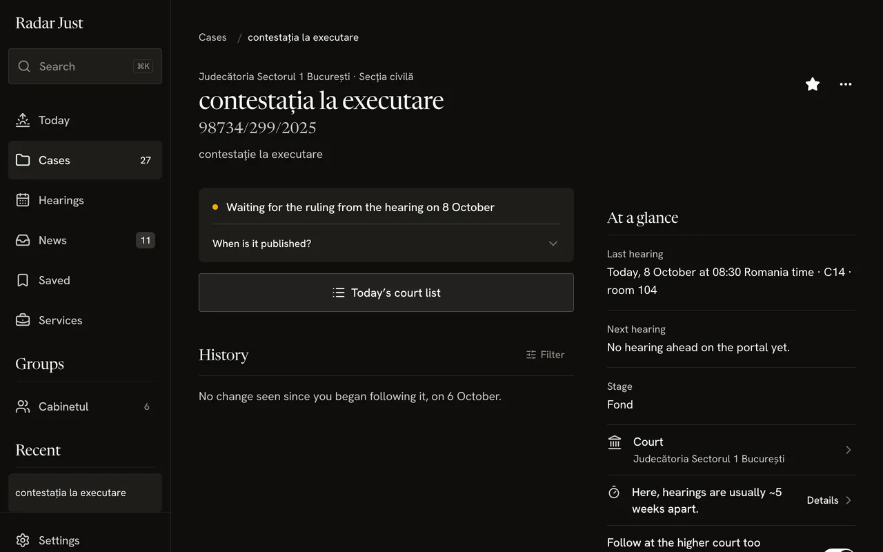 Radar Just in the browser: a case card, with the side rail, the status, the court list button, the history and the summary.