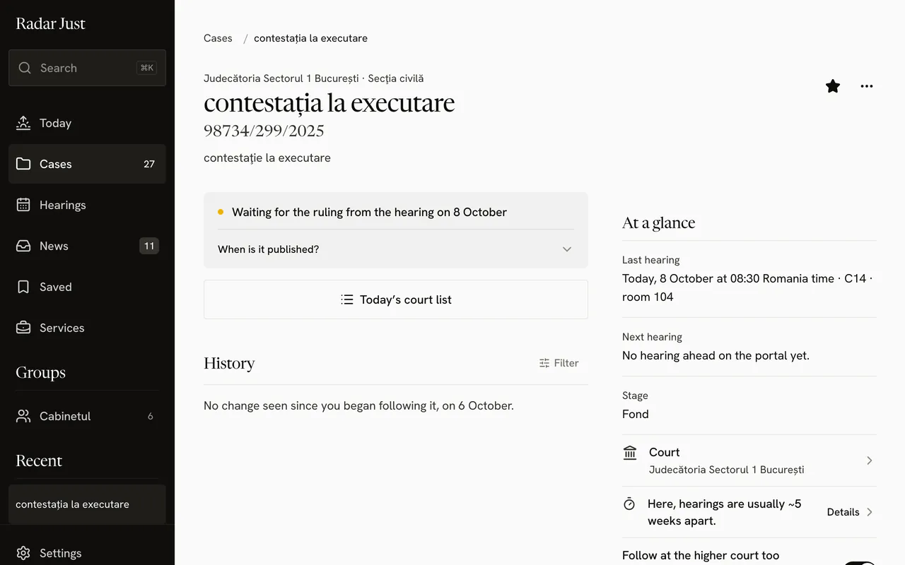 Radar Just in the browser: a case card, with the side rail, the status, the court list button, the history and the summary.