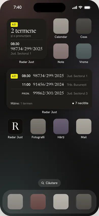 Ilustrație: widgeturile Radar Just pe un iPhone, cu termenele zilei după oră, număr și instanță.