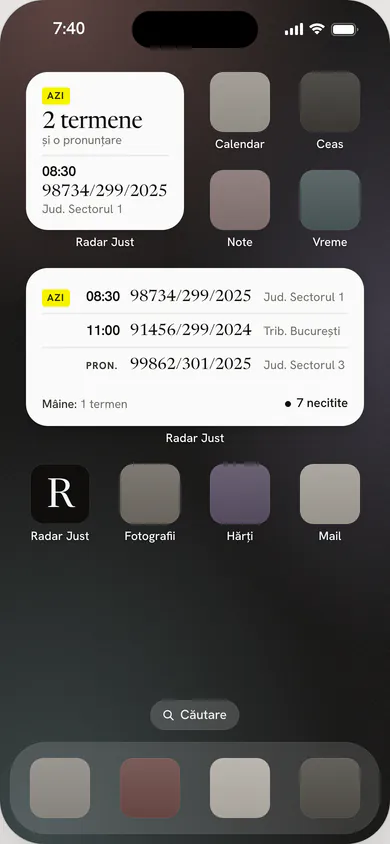 Ilustrație: widgeturile Radar Just pe un iPhone, cu termenele zilei după oră, număr și instanță.